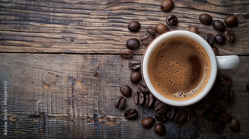 Rustic Coffee Cup with Roasted Coffee Beans on Wooden Tabletop - Perfect for Coffee Blogs, Cafés, and Food Photography Rustic Coffee Cup with Roasted Coffee Beans on Wooden Tabletop - Perfect for Coffee Blogs, Cafés, and Food Photography