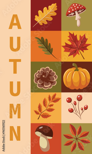Colorful poster or card with autumn leaves, mushrooms and pumpkins. The poster says Autumn in bold letters.