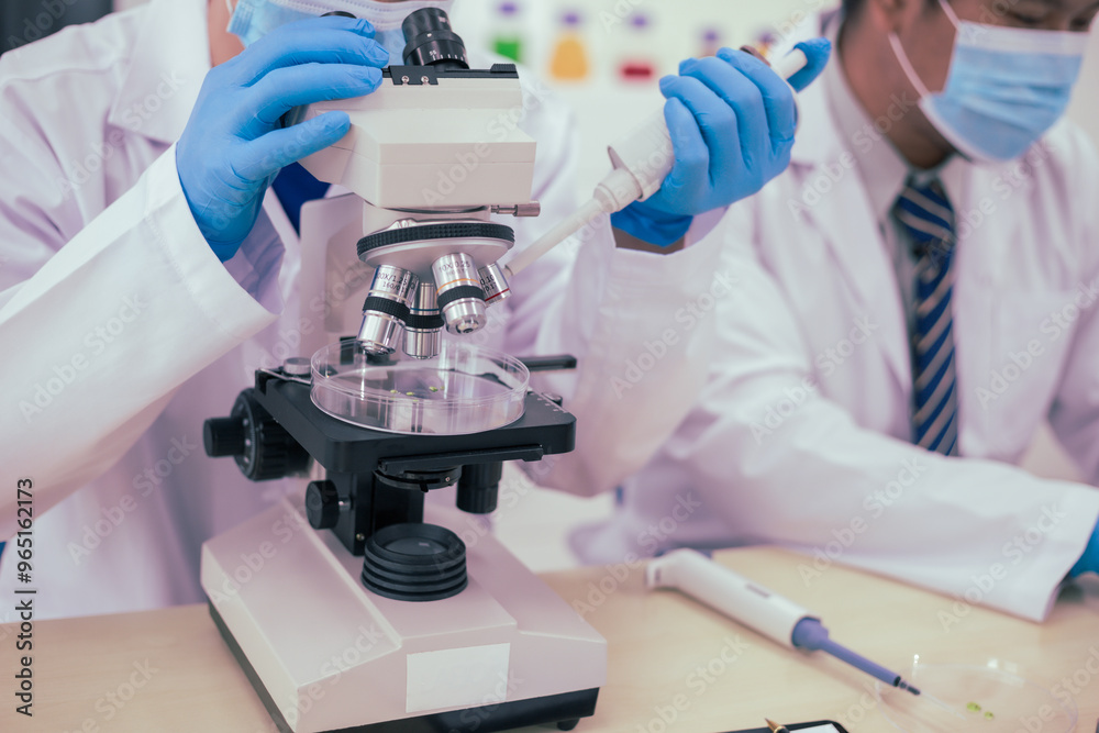 Two male researchers are conducting chemical research in a science lab, carefully analyzing substances at a desk filled with scientific instruments and chemical solutions in a well-organized Two male researchers are conducting chemical research in a science lab, carefully analyzing substances at a desk filled with scientific instruments and chemical solutions in a well-organized