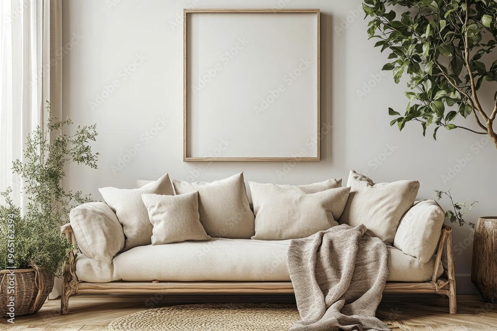 Naklejka premium Cozy living room with neutral tones and greenery.