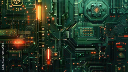 Abstract picture chip on complex circuit with digital technology style design and the electric light graphic show electronic components represent about processor algorithm process on computer. AIG53.