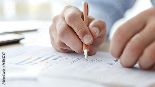 Entrepreneur reviewing a detailed business plan with graphs and charts, business strategy visualization