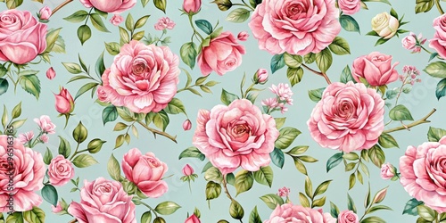 Wallpaper Mural Watercolor Pink Rose Seamless Pattern on Mint Background, Watercolor Painting, Floral Pattern, Pink Rose, Mint Background, Botanical Art Torontodigital.ca