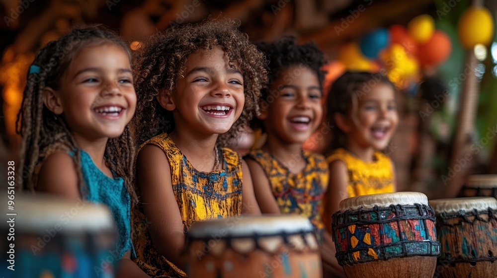 Four joyful children playing drums in vibrant outfits. Four joyful children playing drums in vibrant outfits.