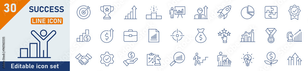 © Yunus - Success line icon set. Set of 30 outline icons related to progress, career, growth, profit and others. Success outline icons collection. Vector illustration.