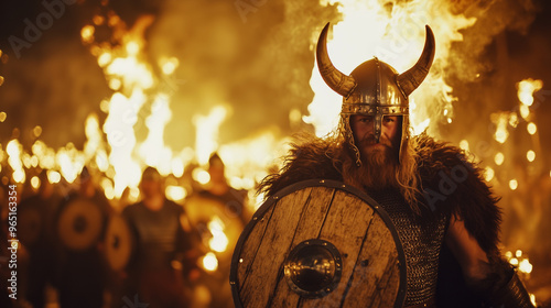 Up Helly Aa Parade, spectators fill the streets lined with burning torches, Viking costumes with horned helmets and shields gleam in the firelight, Ai generated images photo