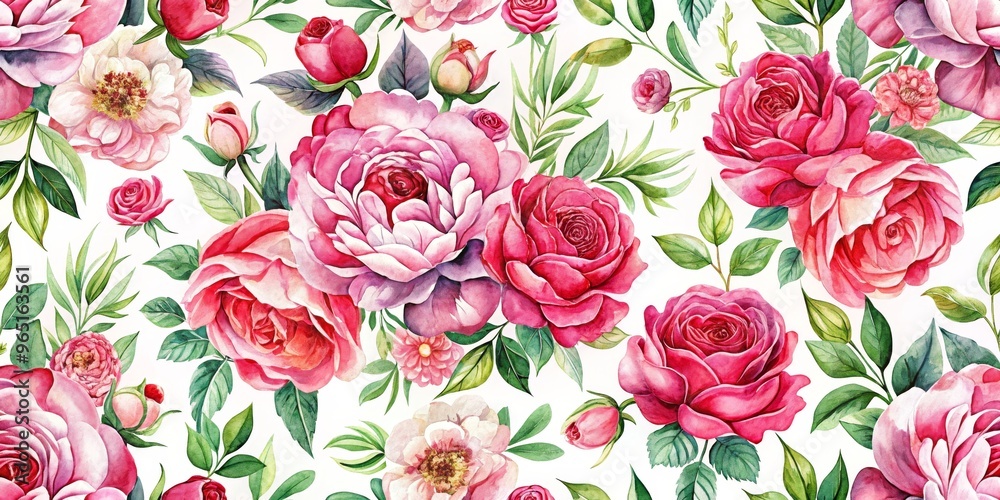 Watercolor Seamless Pattern with Pink and Red Roses, Watercolor, Botanical Illustration, Floral Design, Pink, Red, White Watercolor Seamless Pattern with Pink and Red Roses, Watercolor, Botanical Illustration, Floral Design, Pink, Red, White