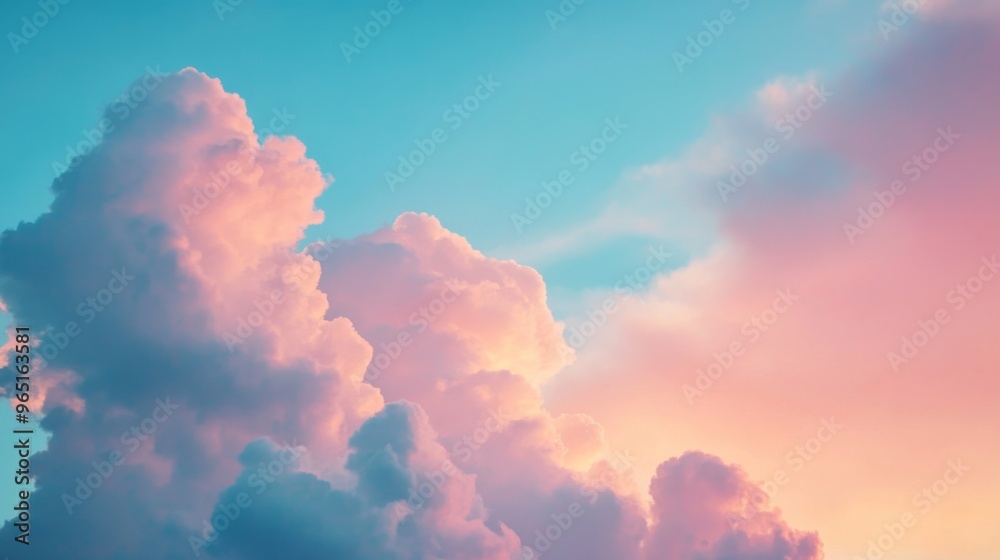Fluffy clouds during sunset with vibrant pink and blue sky, dreamy atmosphere. Nature and serenity concept Fluffy clouds during sunset with vibrant pink and blue sky, dreamy atmosphere. Nature and serenity concept