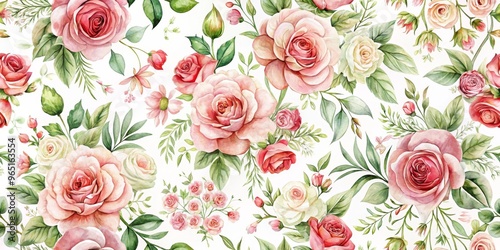 Watercolor Seamless Pattern with Roses and Green Leaves, Watercolor, Seamless, Floral ,floral pattern, botanical illustration
