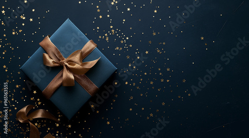 Wallpaper Mural christmas background with golden stars, gift box with ribbon, christmas gift box, elegant blue gift box with gold ribbon, centered on a navy background, surrounded by scattered stars Torontodigital.ca