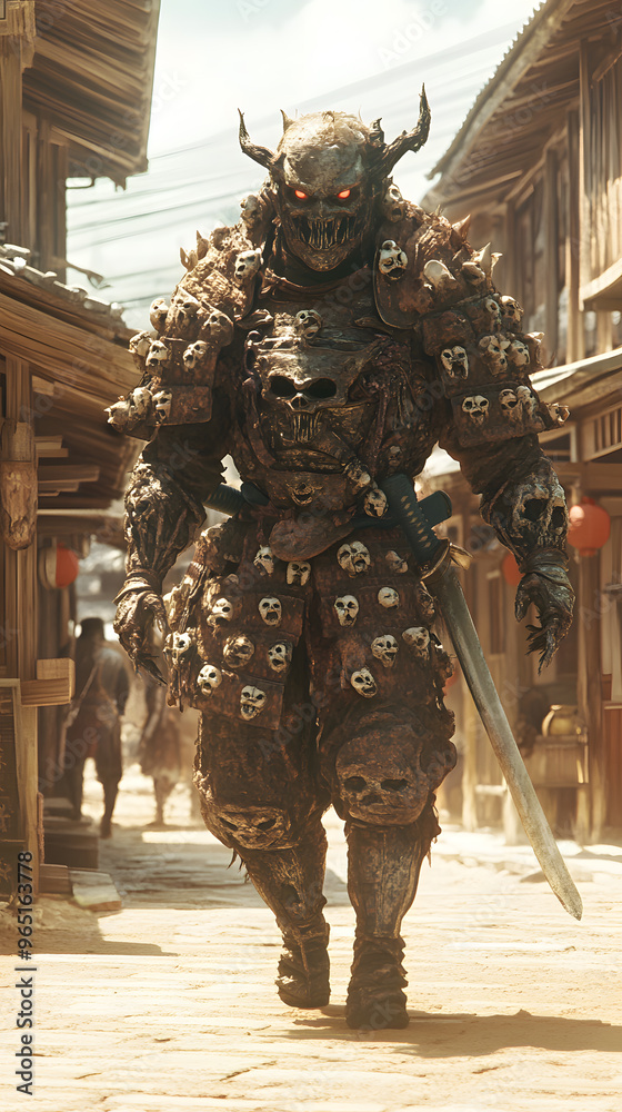 A samurai wearing menacing armor made from oni material, with a helmet, walking through an Edo period town during bright daylight A samurai wearing menacing armor made from oni material, with a helmet, walking through an Edo period town during bright daylight