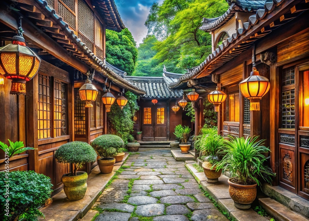 Naklejka premium Ancient oriental architecture with curved tiled roofs, vibrant lanterns, and intricately carved wooden doors, surrounded by lush greenery and rustic stone pathways, evoking nostalgia.