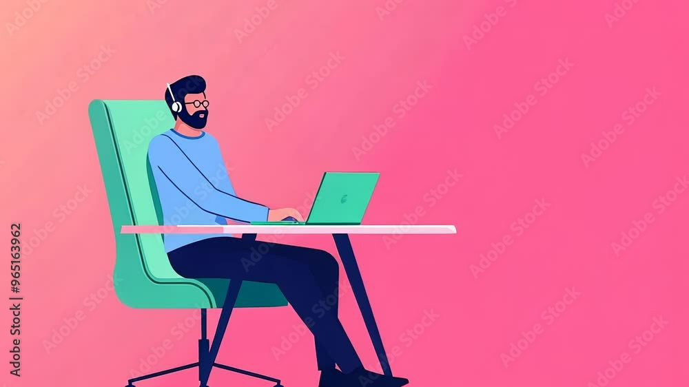 A modern illustration of a man working on a laptop in a stylish office environment with a vibrant pink background. A modern illustration of a man working on a laptop in a stylish office environment with a vibrant pink background.