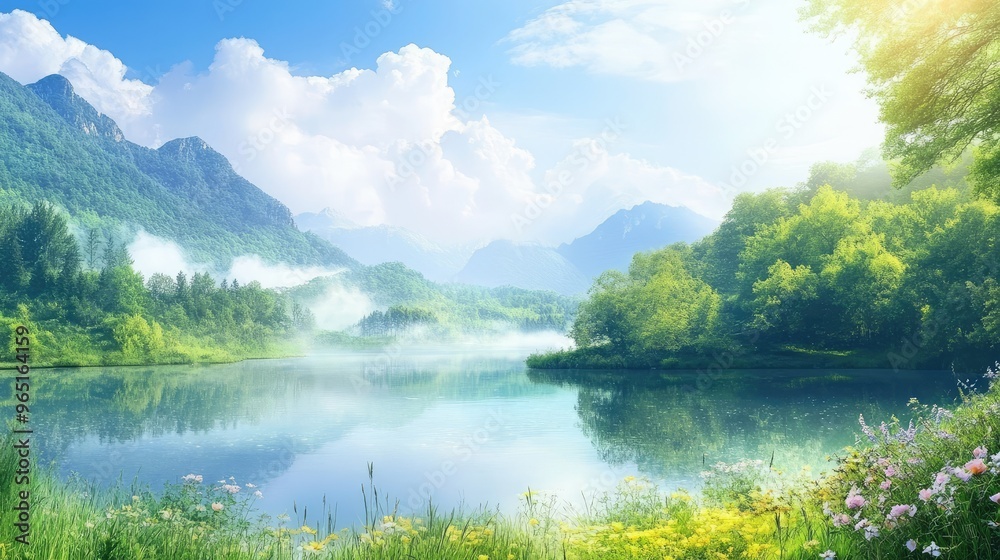 Tranquil Mountain Lake with Scenic View Tranquil Mountain Lake with Scenic View