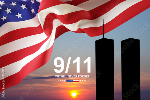 Silhouette of Twin Towers and USA flag against the sunset. Patriot Day banner. 9.11.2001