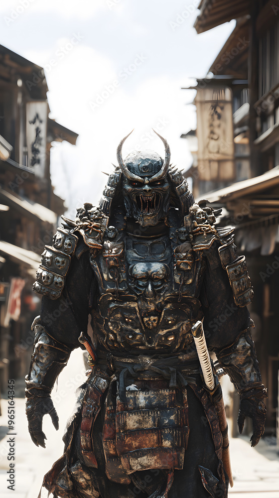 A samurai wearing menacing armor made from oni material, with a helmet, walking through an Edo period town during bright daylight A samurai wearing menacing armor made from oni material, with a helmet, walking through an Edo period town during bright daylight