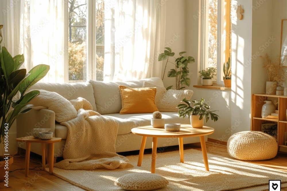 Fototapeta premium Cozy living room with natural light and plants.