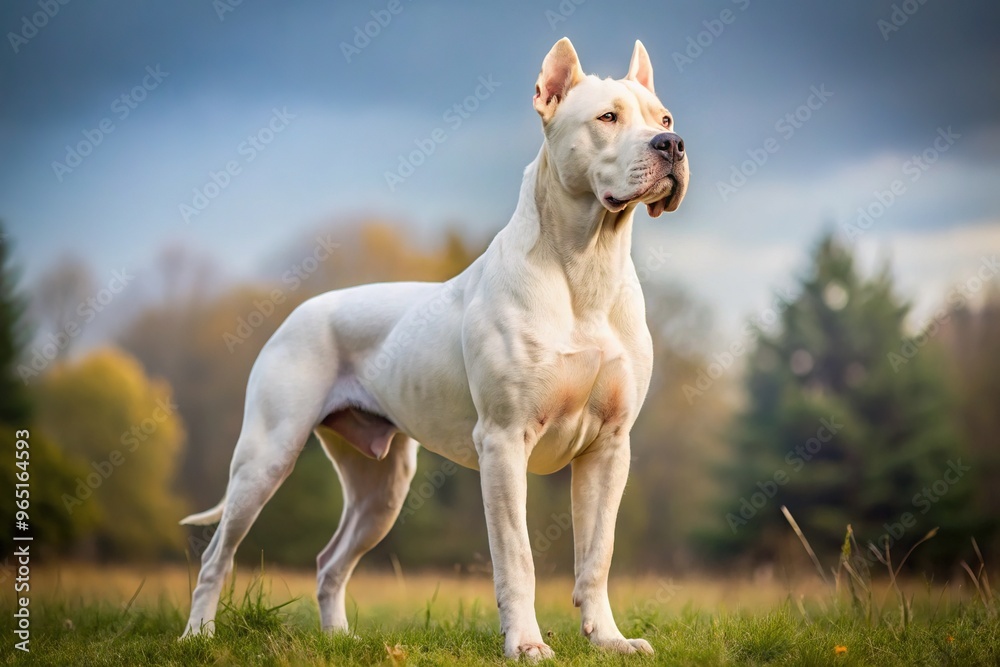 A powerful Argentine Dogo, with a muscular build and short white coat, stands alert, showcasing its loyal and gentle nature, perfect for breed representation. A powerful Argentine Dogo, with a muscular build and short white coat, stands alert, showcasing its loyal and gentle nature, perfect for breed representation.
