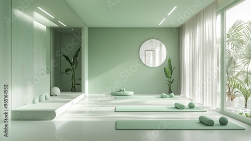 Fototapeta Naklejka Na Ścianę i Meble -  Minimalist Cool Mint Yoga Room Luxurious Interior, High-Quality 3D Image.