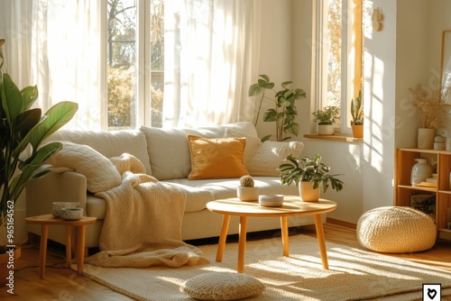 Cozy living room with natural light and plants.