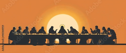 Silhouette of Jesus and Disciples at Last Supper Against Sunset