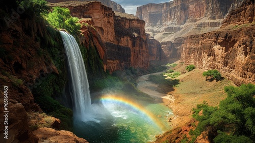 Stunning Waterfall with Rainbow in Canyon