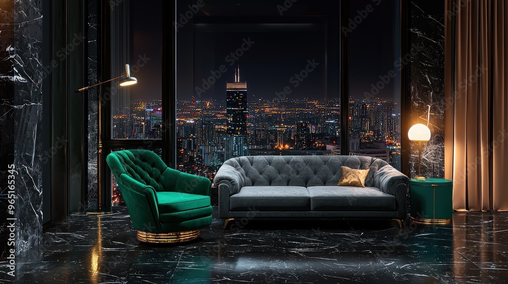 Elegant room with a city night view, slate sofa, green armchair, and teal table. Elegant room with a city night view, slate sofa, green armchair, and teal table.