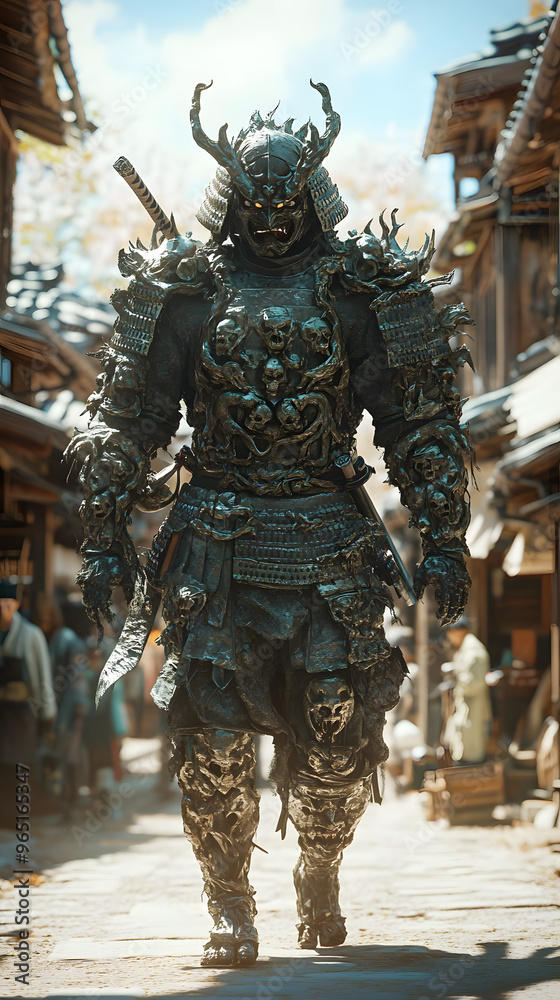Fototapeta premium A samurai wearing menacing armor made from oni material, with a helmet, walking through an Edo period town during bright daylight