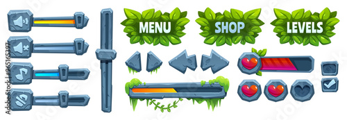 Jungle game stone ui frame cartoon vector icon. Forest leaf and liana on rock progress bar. Menu button element for interface design. Fantasy tropic aztec health slider illustration with vine border