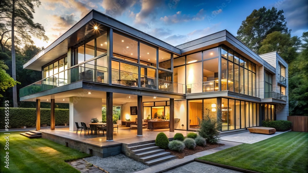 Elegant mid-century modern home boasts an open floor plan, floor-to-ceiling windows, and bold geometric lines.