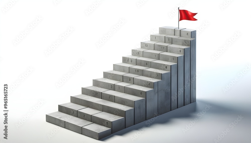 Concrete stair steps arranged progressively higher, ending with a red flag on the highest step. Isolated on a white background, concept of success. 3D Rendering Concrete stair steps arranged progressively higher, ending with a red flag on the highest step. Isolated on a white background, concept of success. 3D Rendering