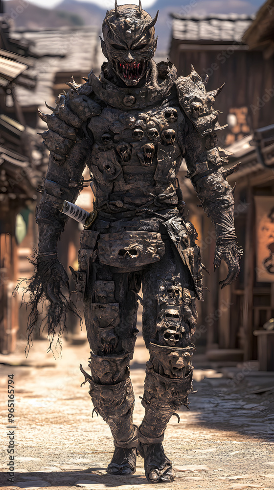 A samurai wearing menacing armor made from oni material, with a helmet, walking through an Edo period town during bright daylight