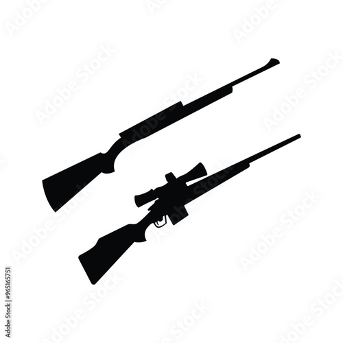 weapon Vector silhouette of hunting, Isolated assult rifles, sniper rifles, shotguns, handguns, machine guns, historical guns and other.