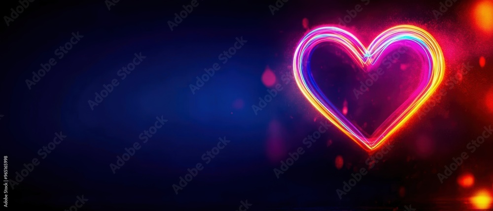 A vibrant neon heart glowing against a dark blue background, symbolizing love and romance with colorful light effects. A vibrant neon heart glowing against a dark blue background, symbolizing love and romance with colorful light effects.