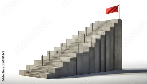 Concrete stair steps arranged progressively higher, ending with a red flag on the highest step. Isolated on a white background, concept of success. 3D Rendering photo