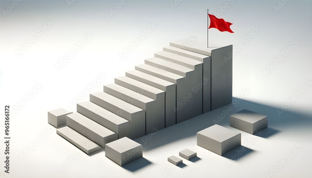 Obraz premium Concrete stair steps arranged progressively higher, ending with a red flag on the highest step. Isolated on a white background, concept of success. 3D Rendering