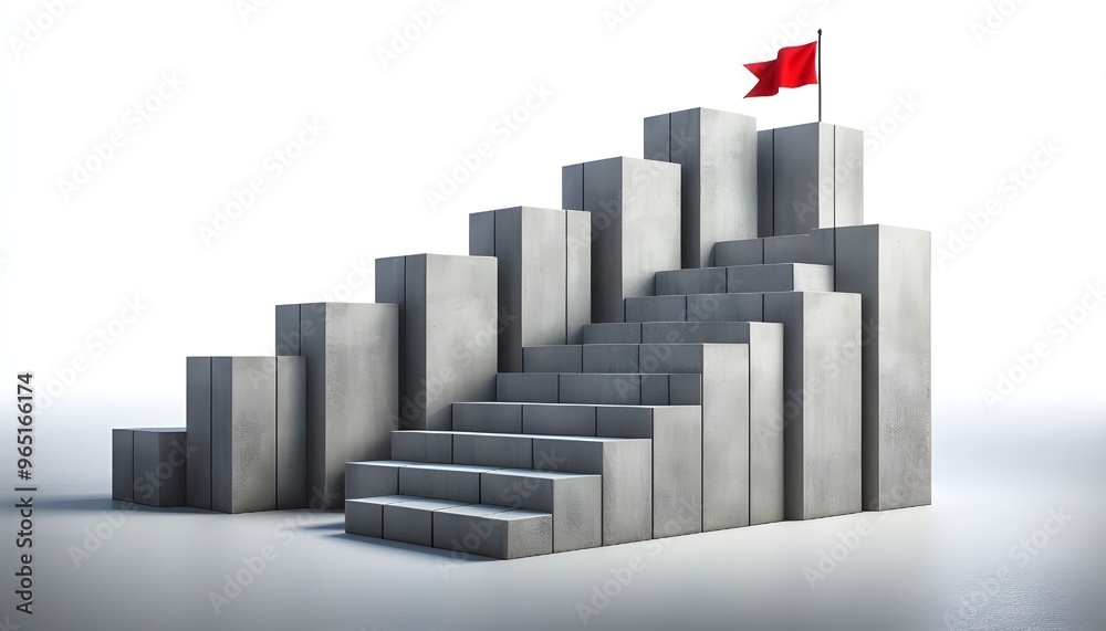 Fototapeta premium Concrete stair steps arranged progressively higher, ending with a red flag on the highest step. Isolated on a white background, concept of success. 3D Rendering