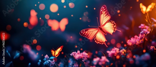 A vibrant scene of colorful butterflies fluttering over blooming flowers, enhanced by dreamy bokeh lights and a mystical atmosphere.