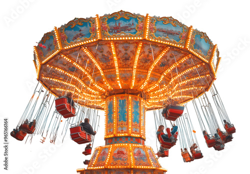 A vibrant carnival ride illuminated by colorful lights, filled with excited people enjoying the thrilling experience.