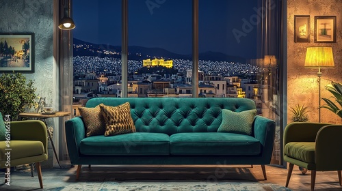 Classic design in a Greek Mediterranean living room, Aegean teal sofa, olive armchair, night in Athens.