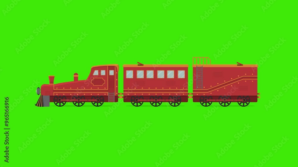 Old red color cartoon toy train engine passing with boxes 2d animation on green screen 4k motion graphic animated video