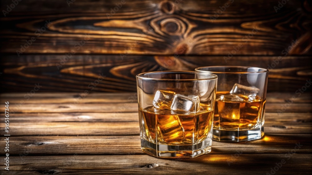 Two glasses of whiskey with ice on a rustic wooden table, whiskey, drink, alcohol, bar, beverage, glass, ice, refreshment Two glasses of whiskey with ice on a rustic wooden table, whiskey, drink, alcohol, bar, beverage, glass, ice, refreshment