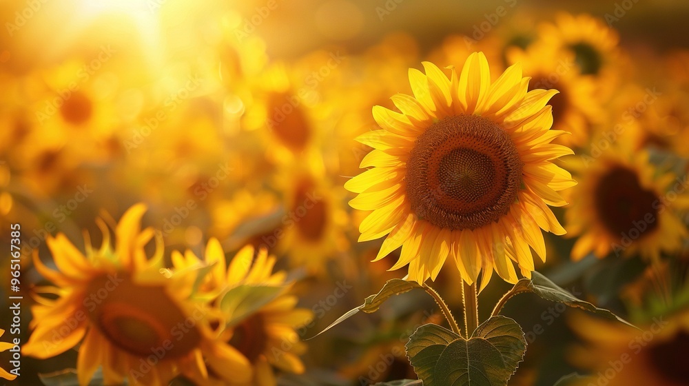 Fototapeta premium A field of yellow sunflowers with a single sunflower in the foreground