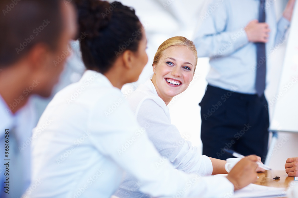 Happy woman, team and meeting with coach for presentation or brainstorming in boardroom. Young, female person or employee with smile for group speech, conference or strategy together at workplace Happy woman, team and meeting with coach for presentation or brainstorming in boardroom. Young, female person or employee with smile for group speech, conference or strategy together at workplace