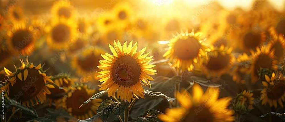 A field of sunflowers with a single sunflower in the foreground A field of sunflowers with a single sunflower in the foreground