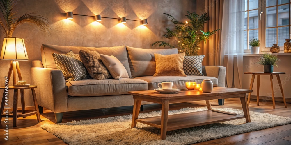 Fototapeta premium Cozy living room with a plush sofa, coffee table, and warm lighting, cozy, living room, interior, home decor, sofa
