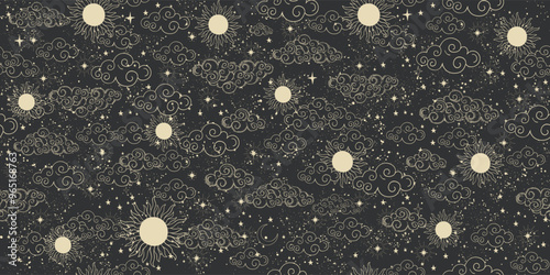 Seamless celestial pattern with sun, moon and stars on black background, mystical astrological background, horoscope vector ornament. Zodiac banner, fabric ornament, wrapping paper.
