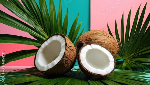 Tropical Essence: Fresh Coconuts on Palm Leaves