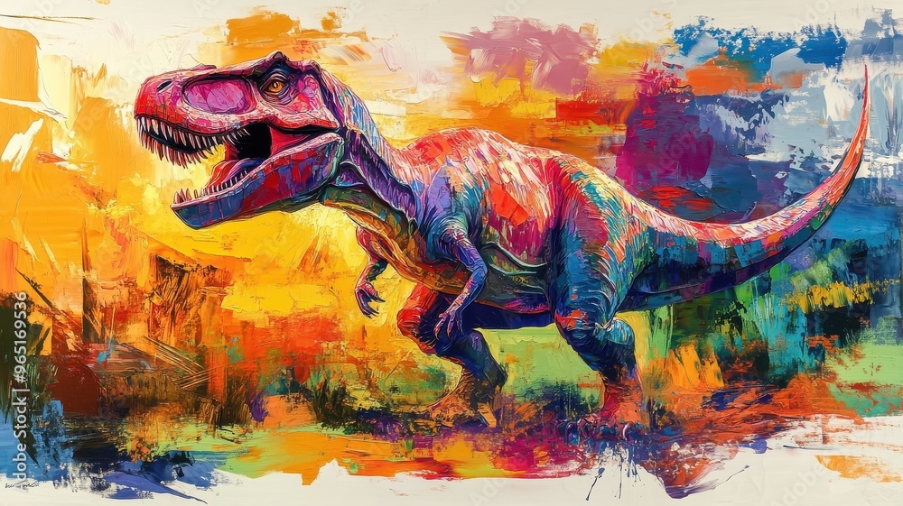Dinosaur rendered in abstract expressionism style, using bold, dynamic brushstrokes and vivid colors to convey the powerful presence of the dinosaur. Dinosaur rendered in abstract expressionism style, using bold, dynamic brushstrokes and vivid colors to convey the powerful presence of the dinosaur.