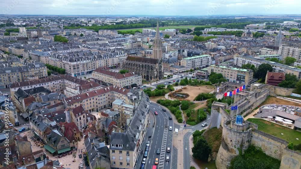 Church of Saint-Pierre and Caen Castle, Caen in Normandy, France. Aerial drone forward and cityscape Church of Saint-Pierre and Caen Castle, Caen in Normandy, France. Aerial drone forward and cityscape